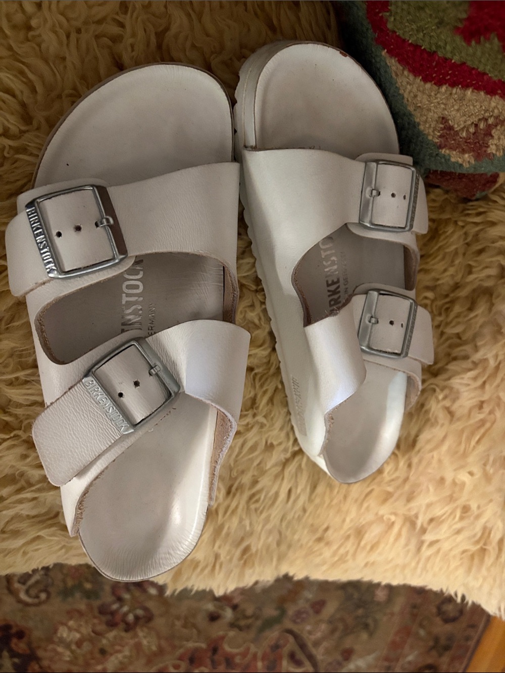Birkenstock White Two-Strap Leather Sandals with Silver Buckles white on white